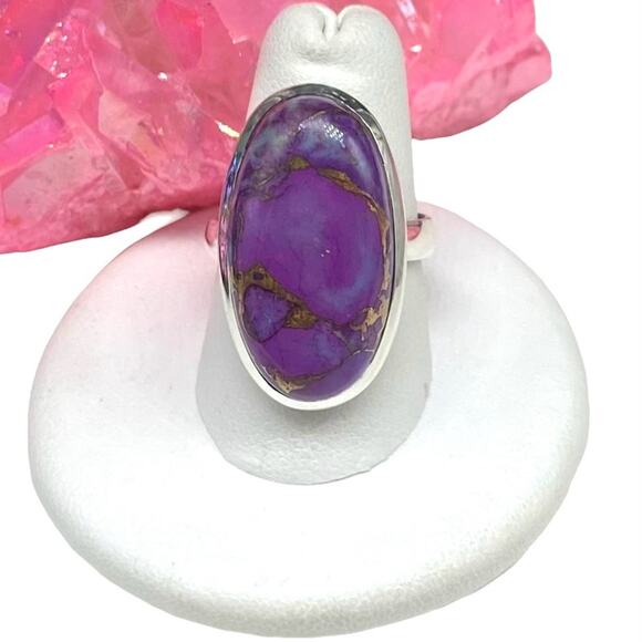 Purple Copper Turquoise Ring Size 8.5 Solid 925 Sterling Silver Oval Boho Stone
